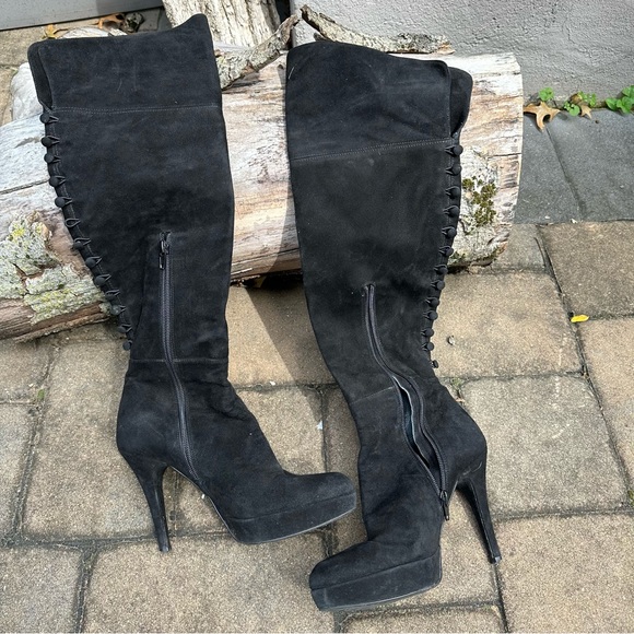 Stuart Weitzman Suede Over the Knee Button Back Platform Boots - Picture 7 of 8